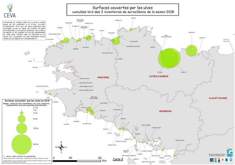 Bretagne Algenplage Algenpest Karte: Von Grünalgen bedeckte Oberfläche in der Bretagne 2018, Quelle: bretagne-environnement.fr