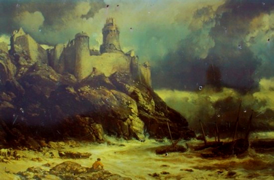 Bretagne-Tipp Fort-la-Latte: Bildtafel mit Ölgemälde vor dem Eingang der Burg