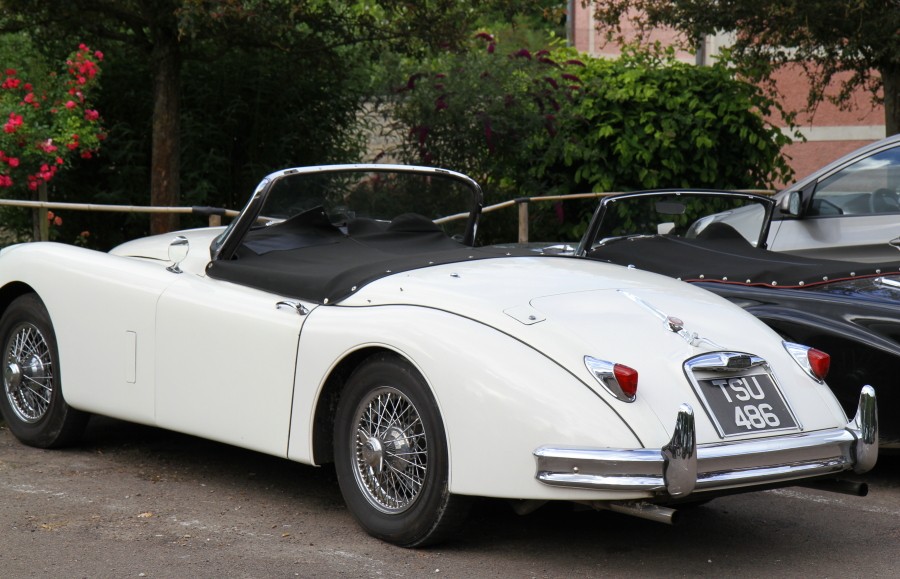 Der Garten von Monet in Giverny: Ein alter Jaguar auf dem Parkplatz neben einem Daimler - Black and White