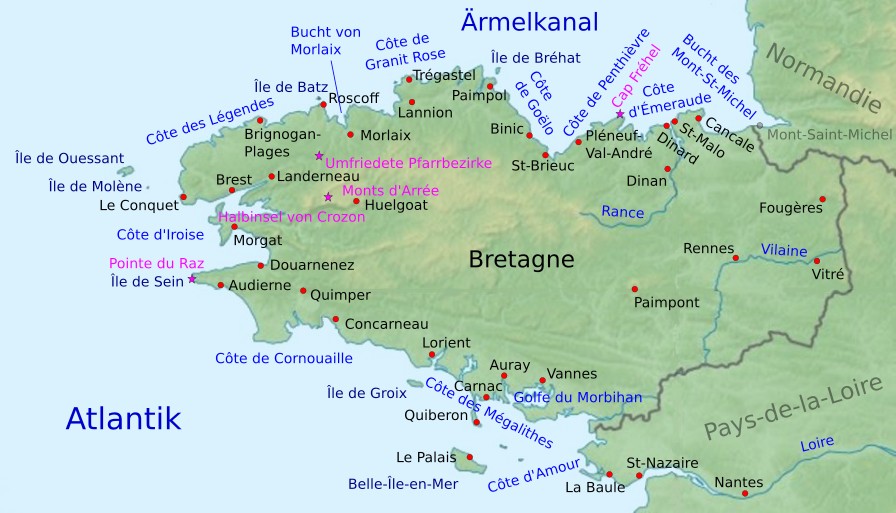 Karte der Küstenabschnitte der Bretagne