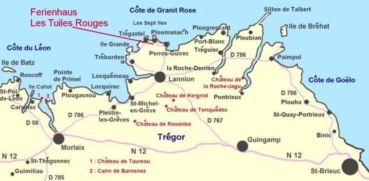 Karte der Lage der Ferienhäuser Bretagne Kergomar 
