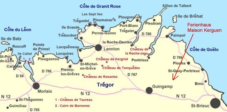 Bretagne Karte mit Ferienhaus-Lage Kerguen