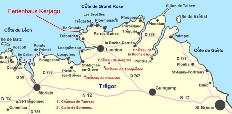 Das Ferienhaus Bretagne Kerjagu liegt auf der Ile Grande an der Rosa-Granitküste.
