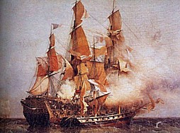 Die Kaperung der Kent durch Robert Surcouf, Korsar aus Saint-Malo an der Bretagne-Nordküste (Gemälde von Ambroise-Louis Garnerey).Garnerey).