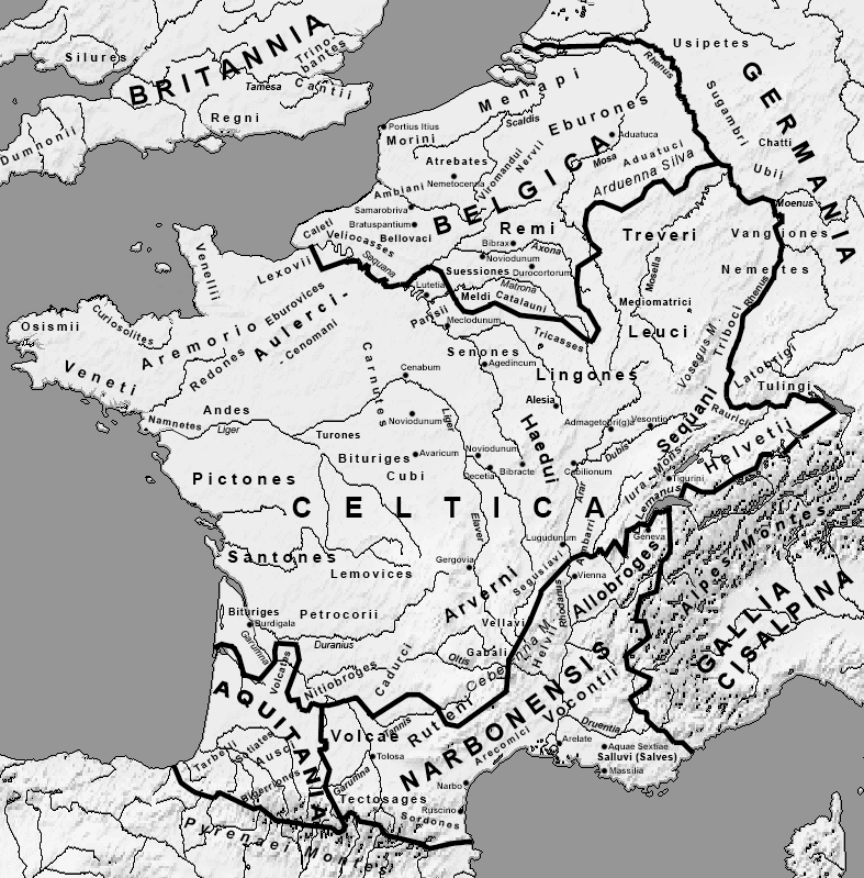 Geschichte der Bretagne: Die Karte von Gallien (58 v.Chr.) zeigt die Gallischen Stämme und wichtige Städte.